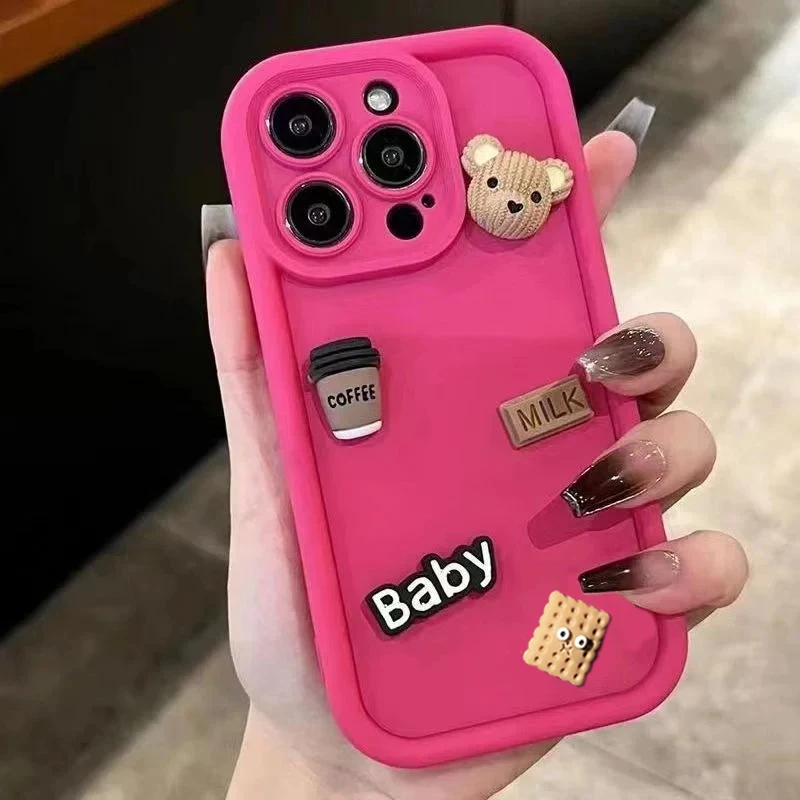 Cute 3D Bear Coffee Cartoon Silicone Case For iPhone 15 12 11 13 14 Pro Max 16 Pro 7 8 Plus X XS XR 15pro Cases Soft Matte Cover