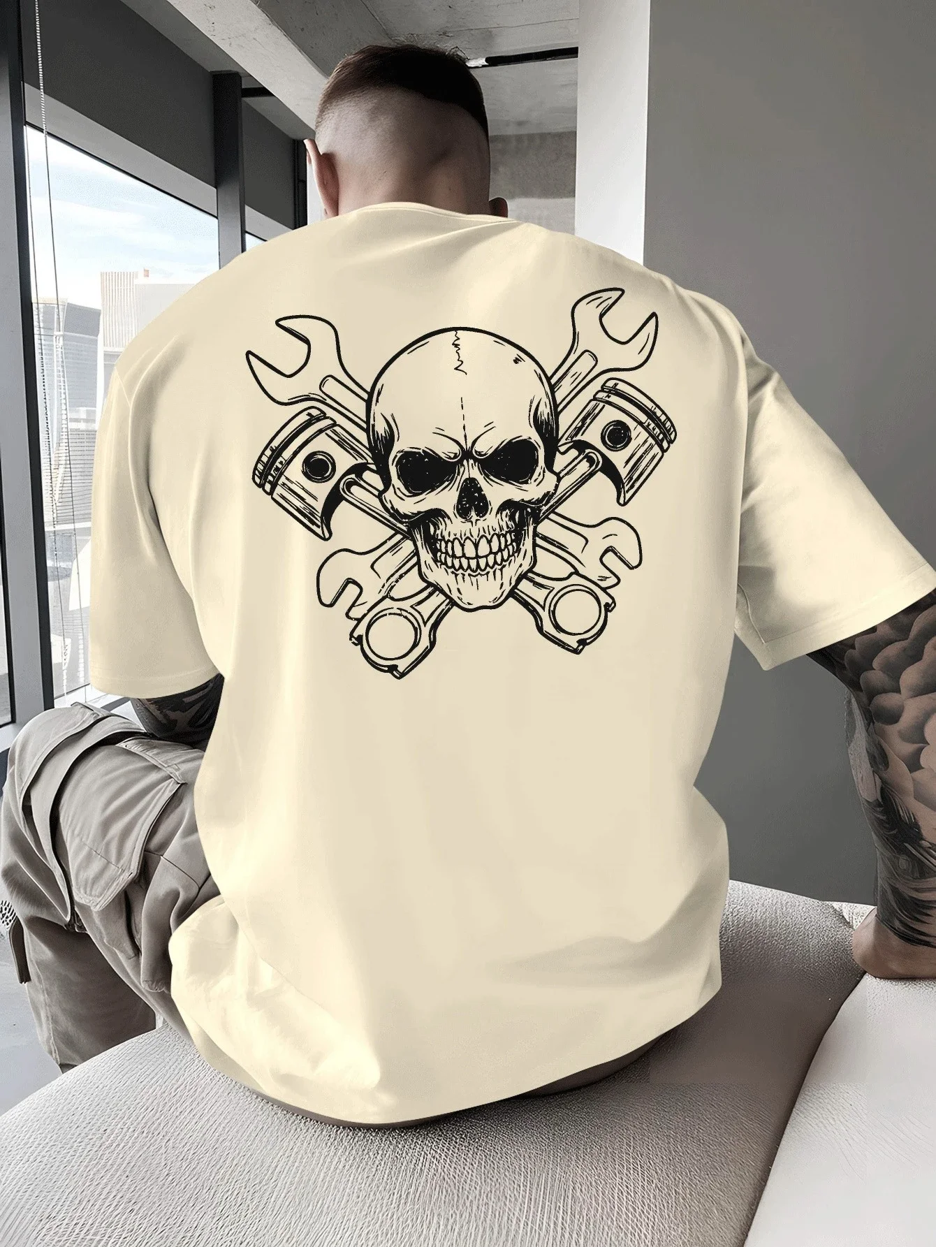 Skull Crossed Wrenches Biker Culture Men's T Shirt Fitness Sports Cotton Tee Casual Oversized Summer Spring Loose Top Streetwear