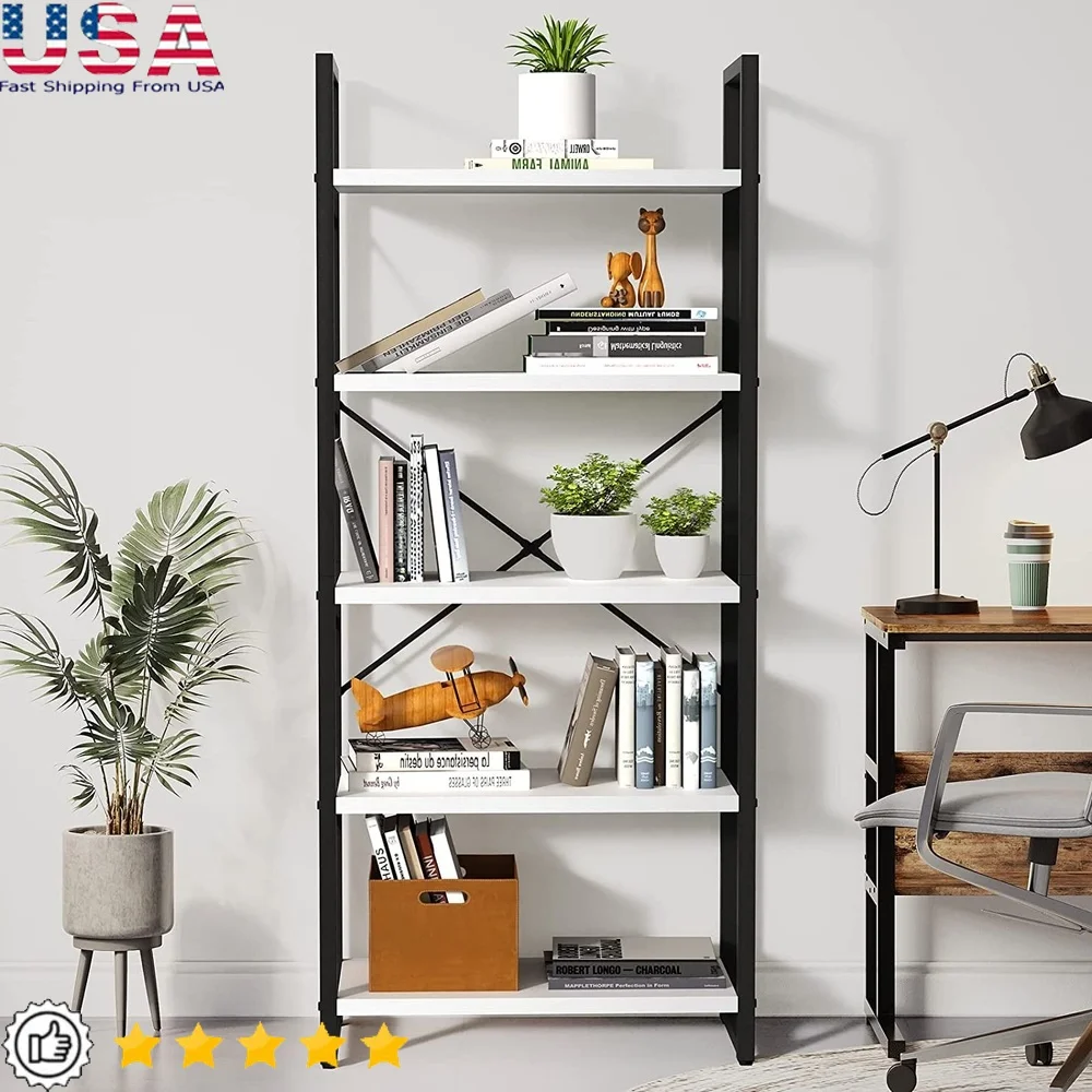 

5-Tier Sturdy Wood Bookshelf with Metal Frame Open Storage Living Room Office Plant Display Easy Assembly