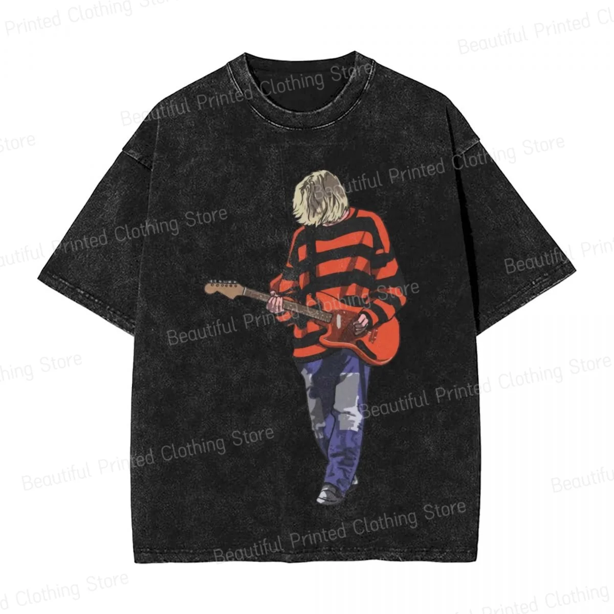 Kurt Cobain Guitar Men Women Trend Fun Retro washed T-Shirt Stripey Kurt Printed Short Sleeved T-shirts Street Short Sleeve