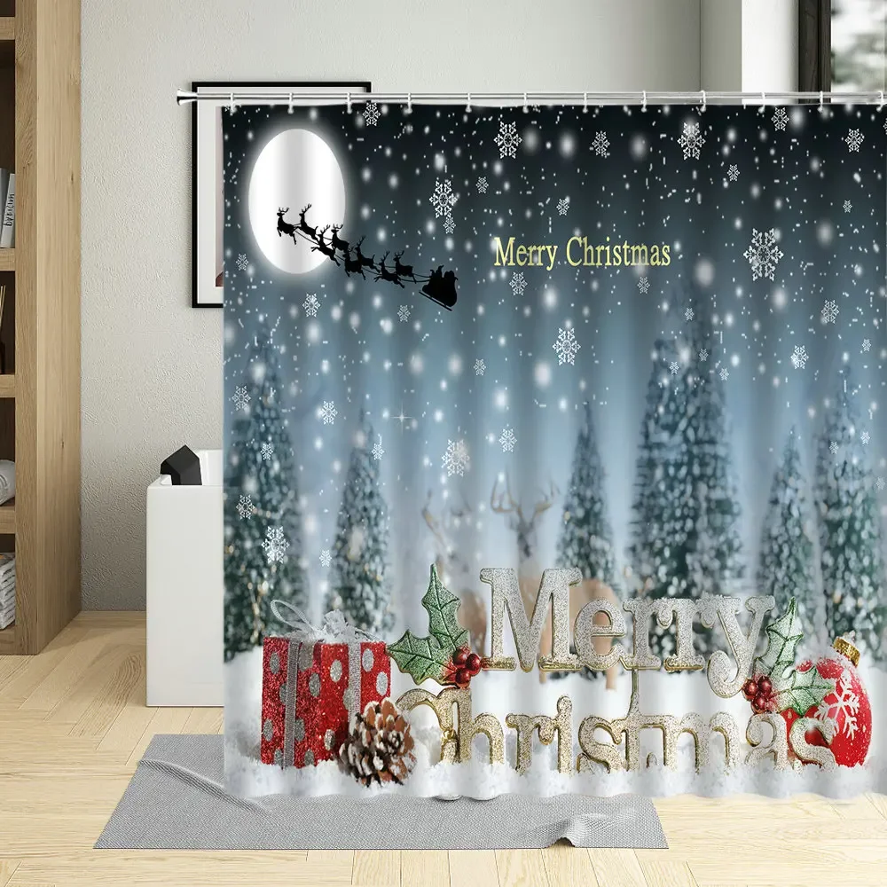 Christmas Shower Curtain Set Cartoons Santa Claus Winter New Year Festival Decorate Wall Cloth Bathroom Bathtub Hanging Curtains