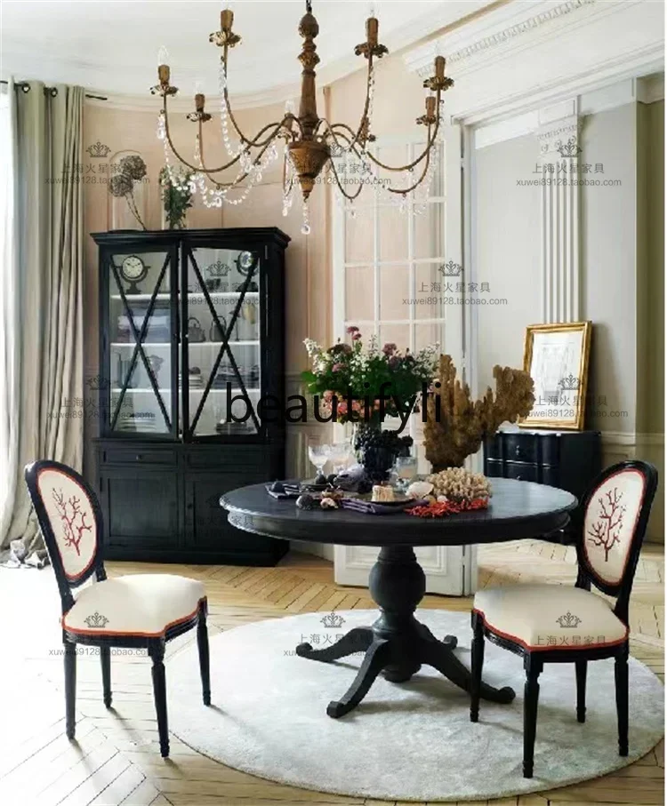 

A44 American country solid wood retro round dining table simple American dining table and chair combination