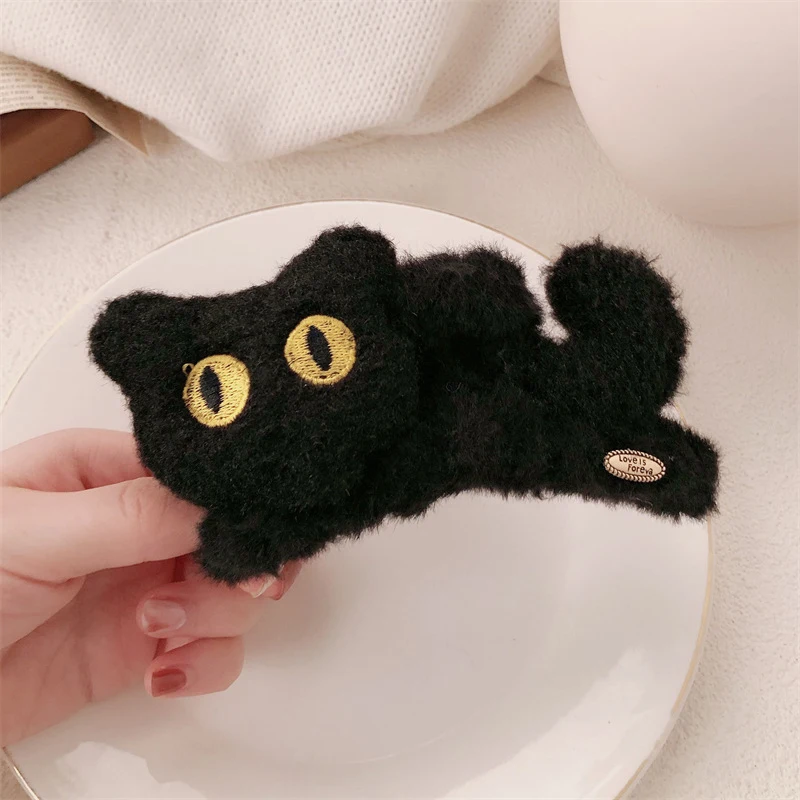 1PC Cute Hair Dye Shark Clip Hair Accessories Women's Autumn And Winter Plush Three-dimensional Black Cat Large Claw Clip