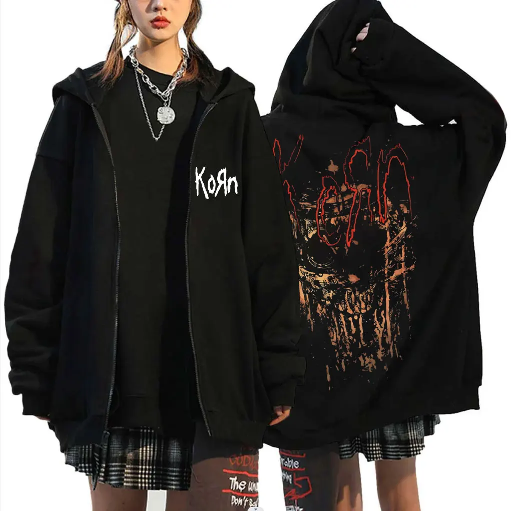 

Rock Korn Band Zipper Hoodie Skeleton Graphic Zip Up Hoodies Rare Metal Music Men Women Gothic Vintage Oversized Zip Up Jacket