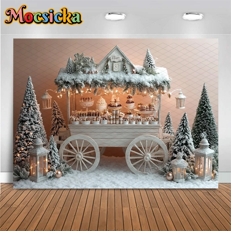 Mocsicka Christmas Photography Background New Year Pink Cake Crush Tree Decoration Winter Snow Birthday Photo Backdrop Wallpaper