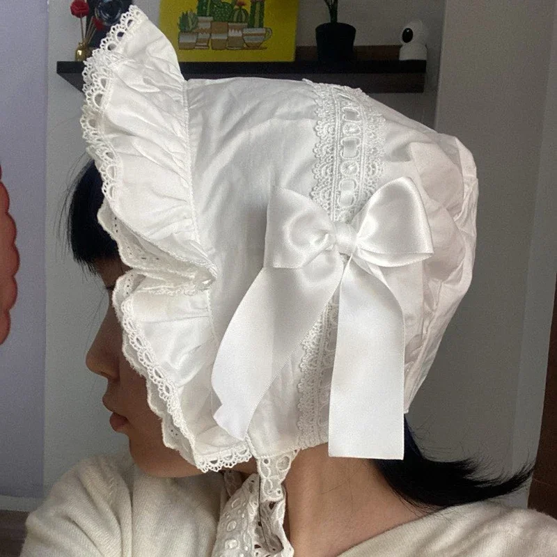 Peregrino vittoriano Cofano Lolita Girl Vintage Ruffles Cameriera Accessori per costumi cosplay Cappello con fiocco in pizzo per le donne Regalo Berretto di zucca