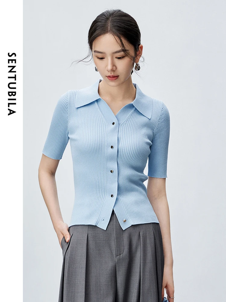 SENTUBILA Polo Collar Slim Knitted Cardigan 2024 Summer New French Style Straight Short Sleeve Knit Tops Woman Clothes W42B55200