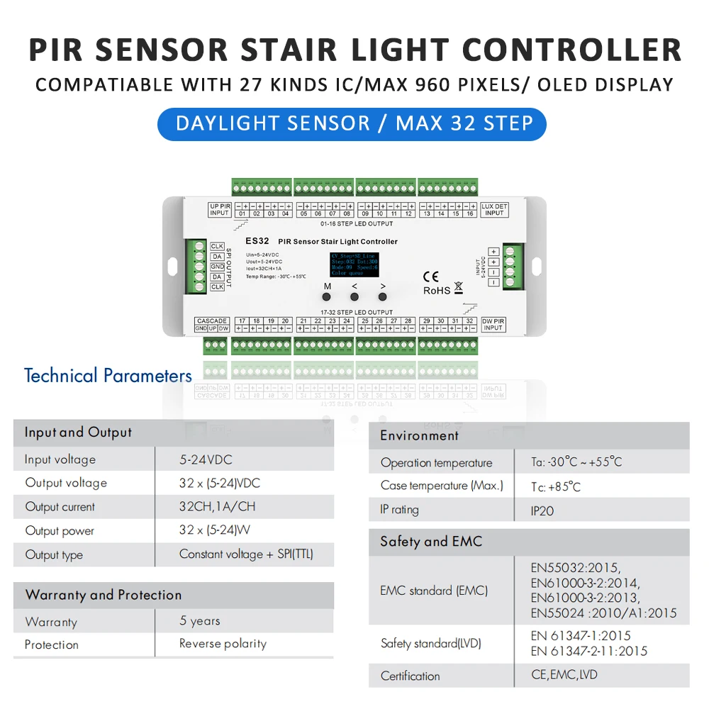 32 Channel LED Stairs Controler PIR Motion Sensor 12V 5V 24V DC Step Controller for Single Color RGB Pixel Strip Light ES32