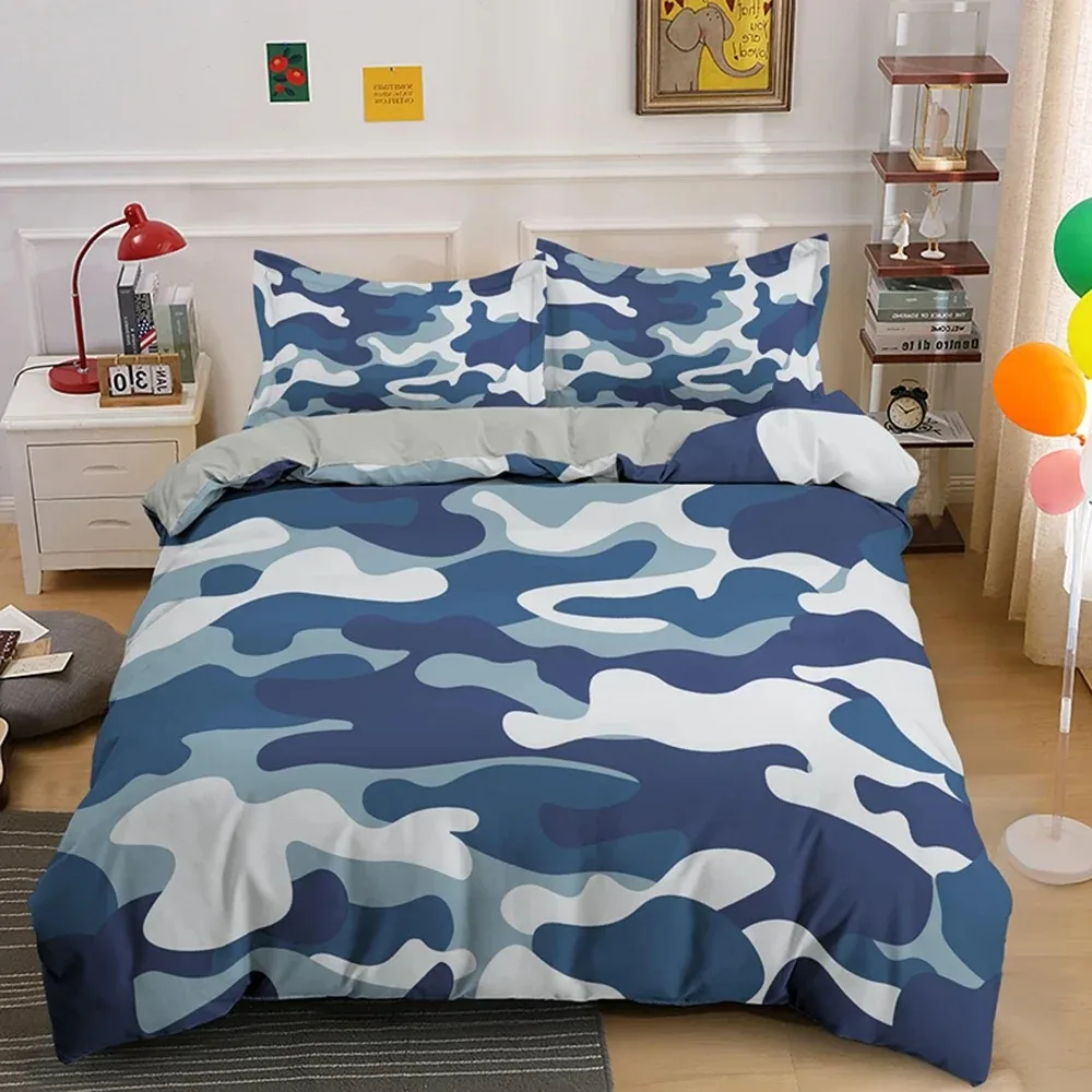 Fotografia 6: Conjuntos de cama camuflados, 2/3 peças, lençóis macios e capas de edredom, confortáveis e adoráveis, adequados para todas as idades