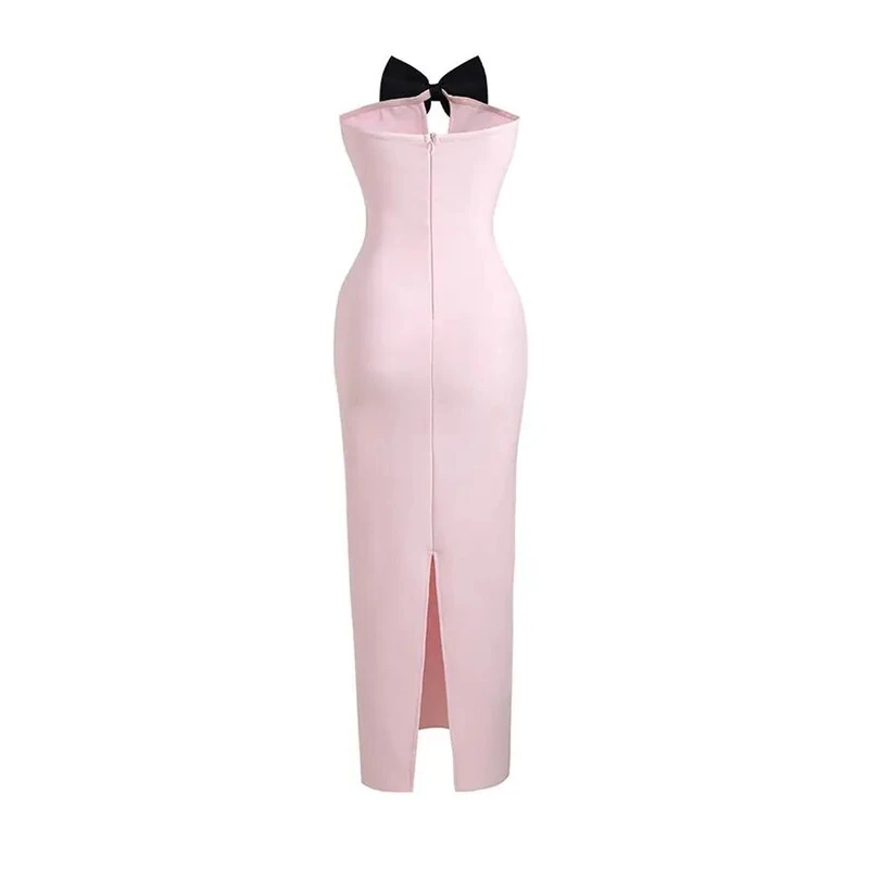 Women's Sleeveless Sheath Pink Hollow Bow Long Tight Nightclub Host Party Bandage Dresses