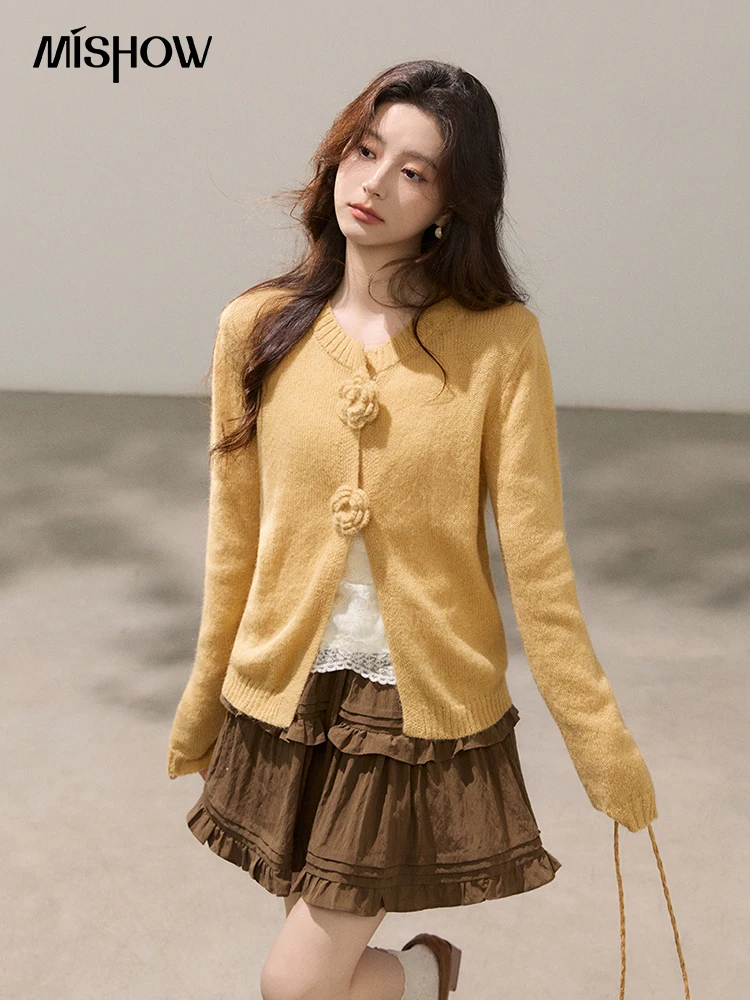 

Женский кардиган MISHOW с цветочным декором из мохера, вязаный крючком, весна 2026, с круглым вырезом, длинными рукавами, повседневный однотонный свитер MXF15Z3051