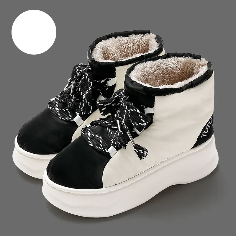 Lace Up Chunky Platform Winter Boots for Women Thick Heels Waterproof Warm Fluffy Cotton Shoes Height Increasing Ladies Footwear