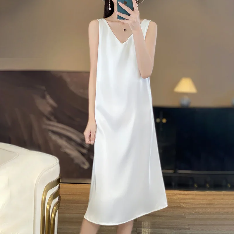 

Лето 2023, новое женское атласное платье с ацетатными бретелями, длинный халат без рукавов на плечах, темпераментный стиль