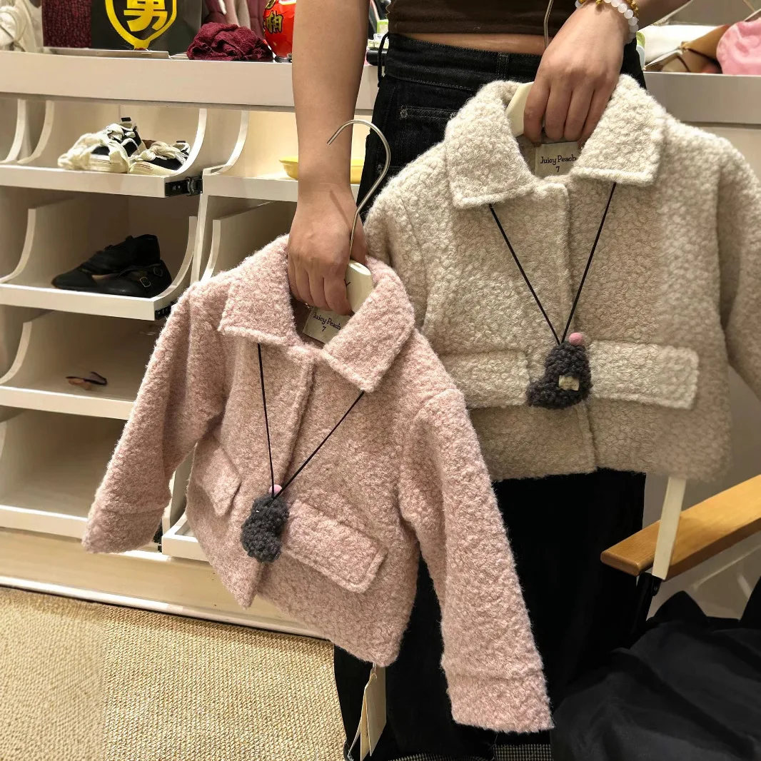 Girls Coat 2024 Winter New Childrens Clothing Korean Style Baby Girls Lapel Fur Padded Jacket Casual Simple and Daily