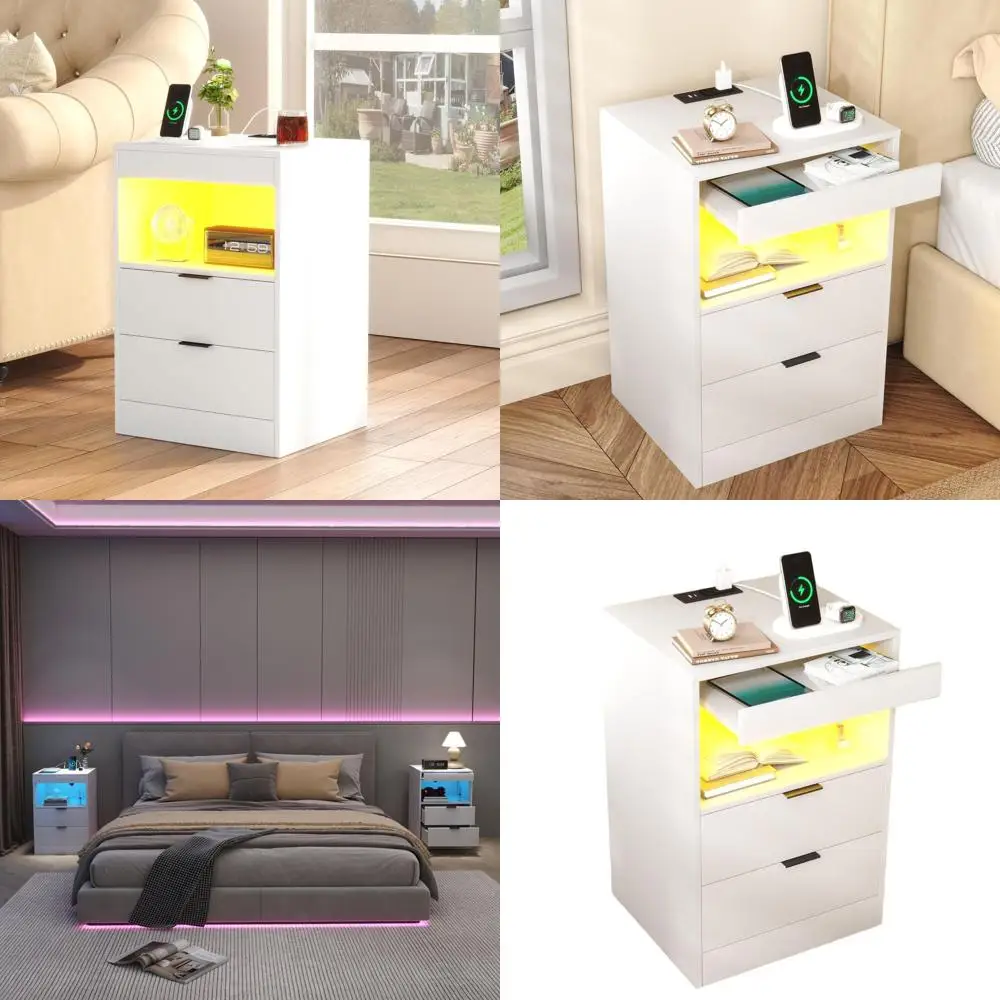 

Белая светодиодная тумбочка с 3 ящиками, зарядной док-станцией и выдвижной полкой