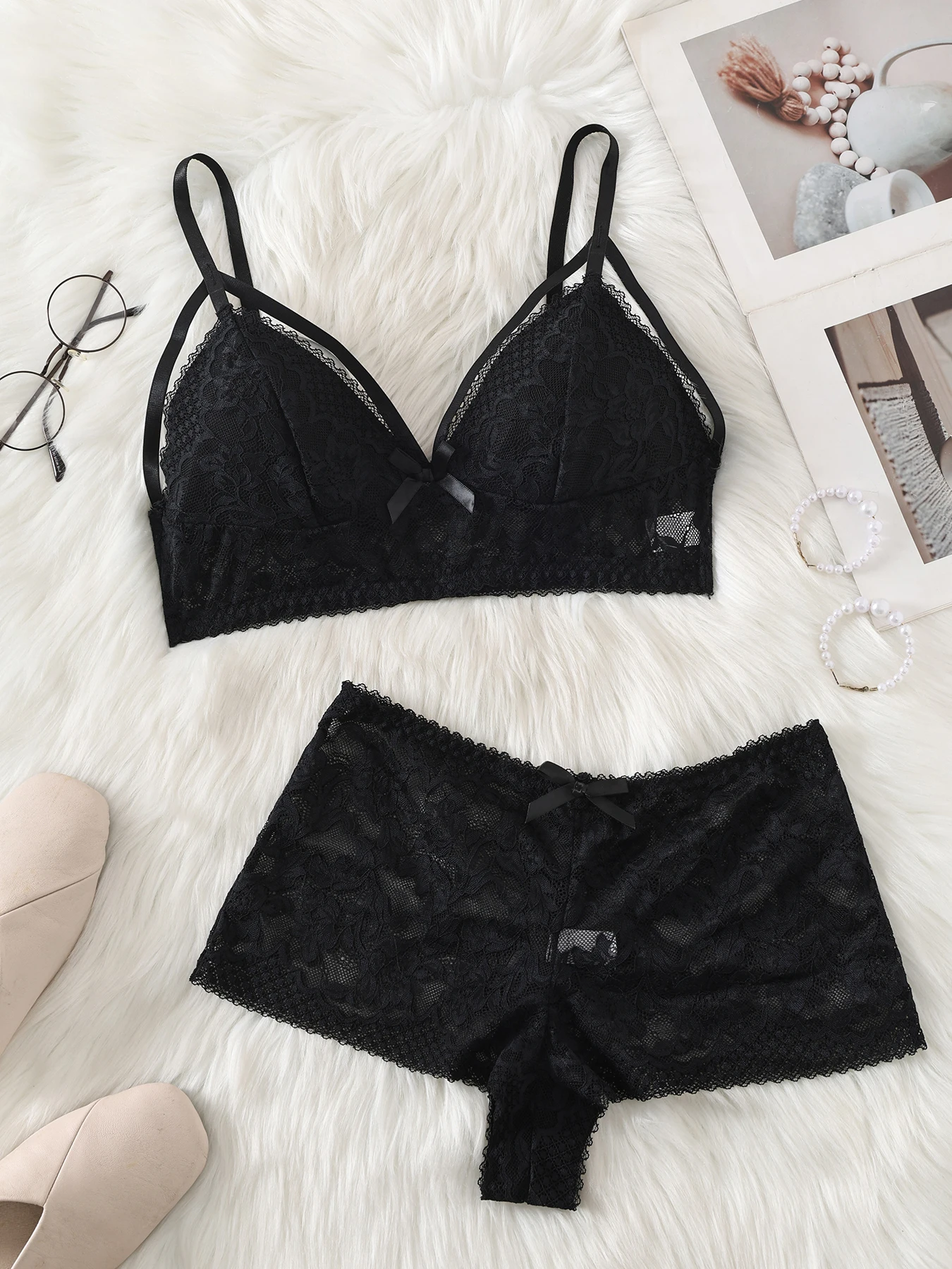 “Seductive Black Lace Bralette Set - Adjustable Straps & Bow Detail, Sheer Lace Lingerie with Boyshort, Daily Wear & Special Occ