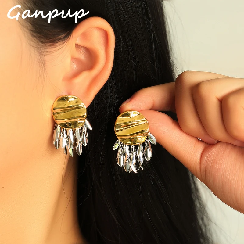

GANPUP 316L Stainless Steel Metal Round Leaf Tassel Earrings For Women 18K Gold Plated Daily Waterproof Jewelry Accessories