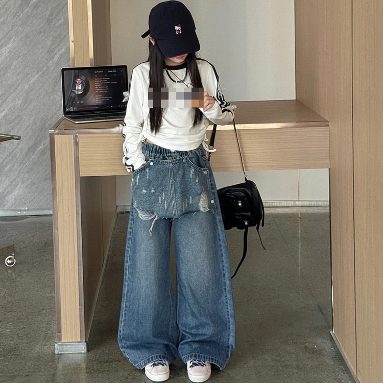 Girls Jeans Spring Autumn New Kids Detachable Diaper Cover Pants Korean Straight Pants Undershirt Two Piece Set Trendy