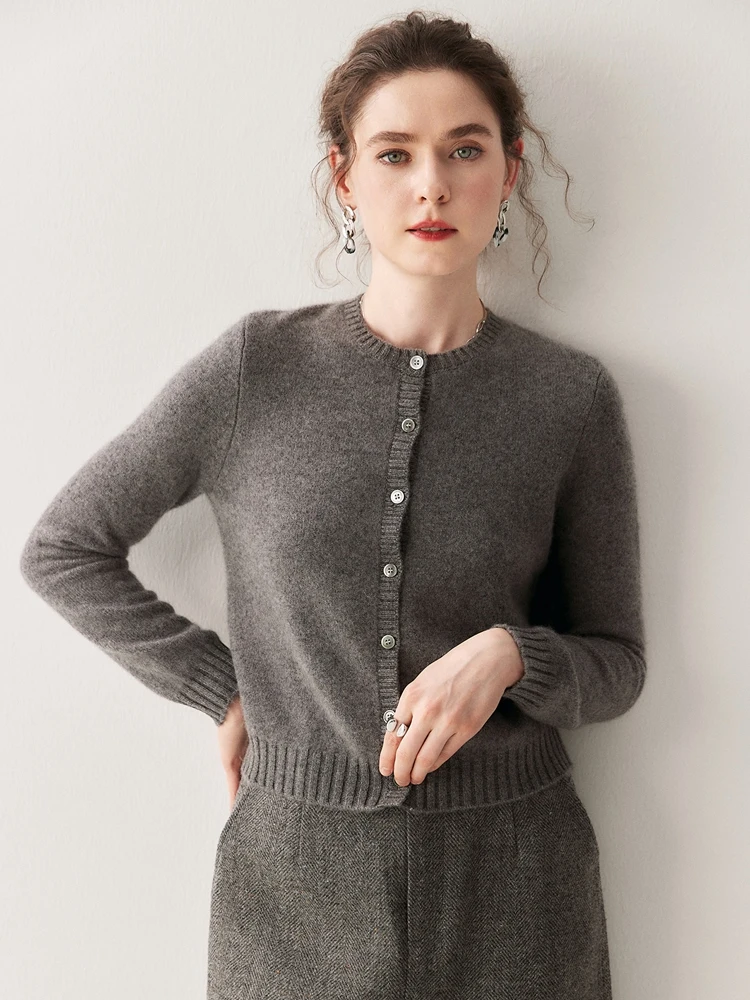 

TLOML Women's 100% Cashmere Sweater Thicken O-neck Cardigan Autumn Winter Long Sleeve Basic Simple Solid Short Cardigan Coat