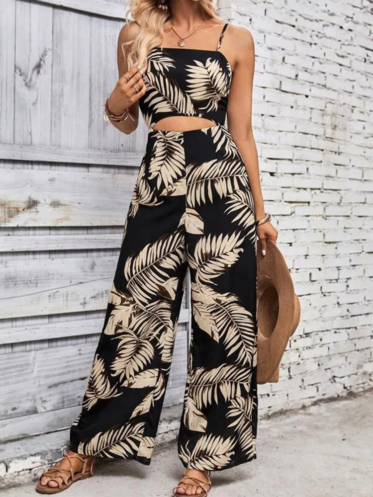 Elegant Long Jumpsuit Women Sexy Backless Wide Leg Jumpsuits Casual Sleeveless Hollow Out Floral Rompers Woman 2024 Summer New