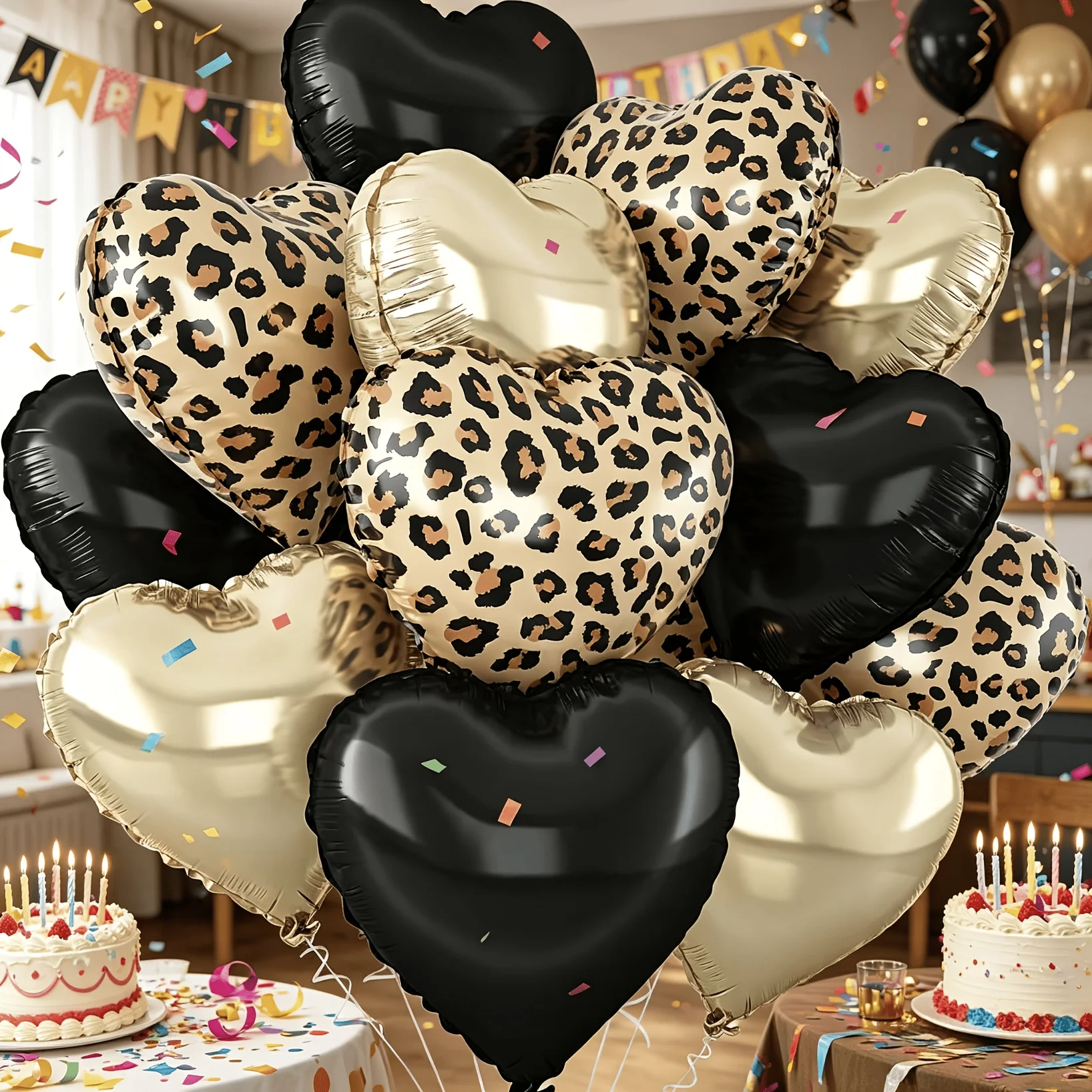 12 Stück 18 Zoll Leopardenmuster Schwarz Hellgold Herz Folienballons Geburtstagsparty Dekorationen Zubehör Hochzeit Babyparty Event
