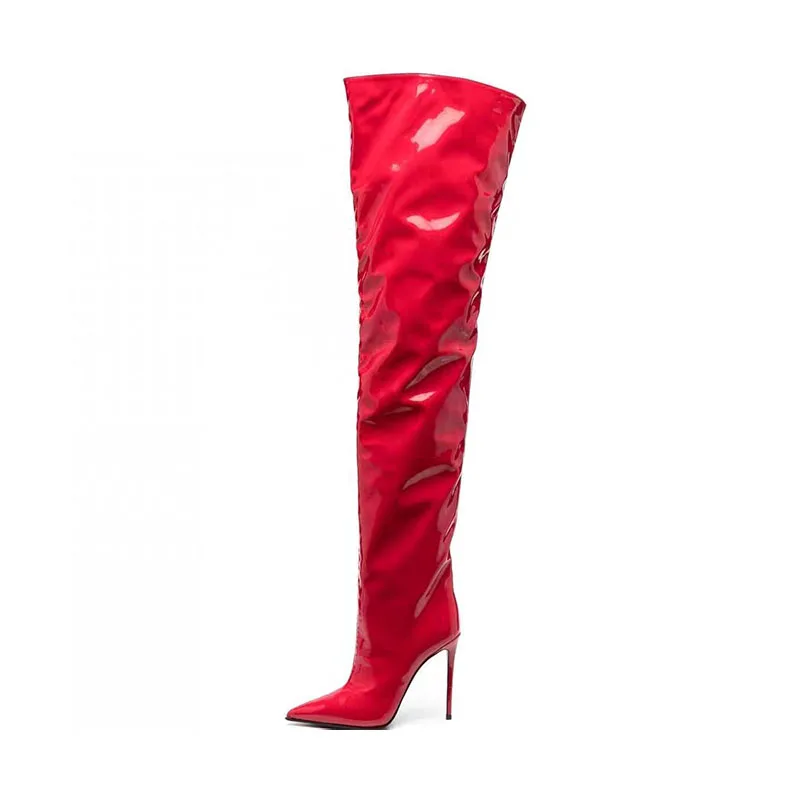 Arden Furtado 2024 Red Cow patent leather Thin heels Thigh high boots Pointed toe Slip-on High-heeled pretty legs Modern boots