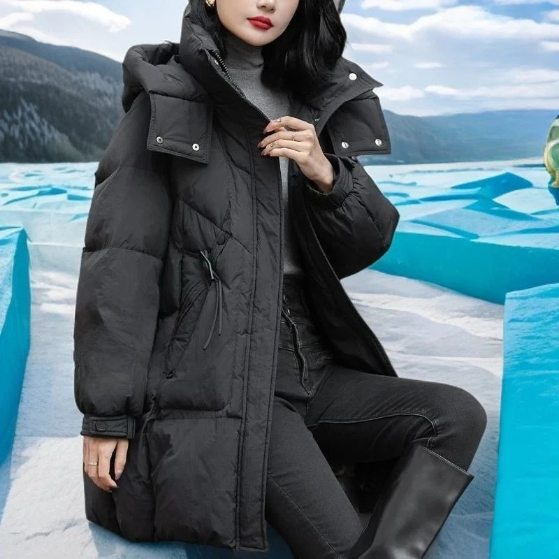 

2026 European Winter Women's Down Jacket Commuter 90% White Duck Down Windproof Hooded Down Jacket