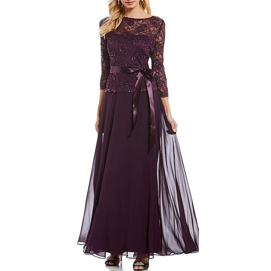 

Sophisticated Plum Long Mother of the Bride Dress Lace Overlay 3/4 Sleeves Belt Elegant Flowing Chiffon Skirt Formal Guest Gowns