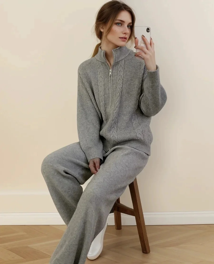 طقم سترة محبوكة بسحاب وبنطلون طويل للنساء، مجموعة خريفية أنيقة بأكمام طويلة وياقة عالية من قطعتين