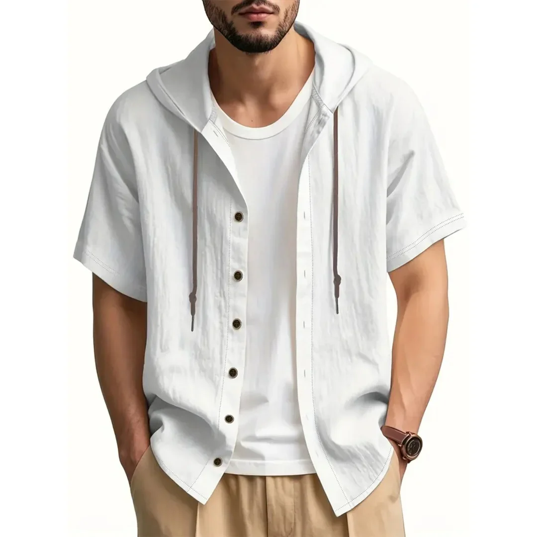 

Cotton Linen Men's Short Sleeve Shirt Fashion Hooded Breathable Lightweight Solid Color Drawstring Shirts Male Casual Top