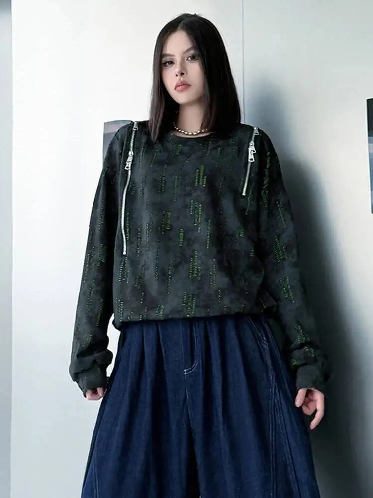 

Holes Zipper Color-block Sweatshirt New Round Neck Long Sleeve Women Big Size Fashion Tide Spring Autumn