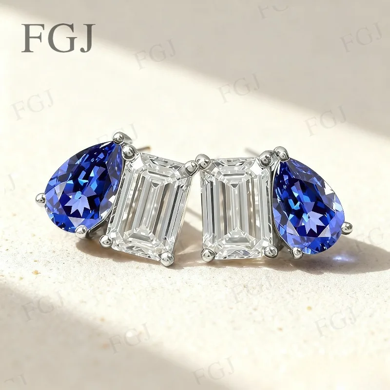 

Custom Two Stones Earrings Pear 4x6mm Emerald 5x7mm Moissanite 925 Sterling Silver Lab Grown Gemstone Fine Jewelry For Women Men