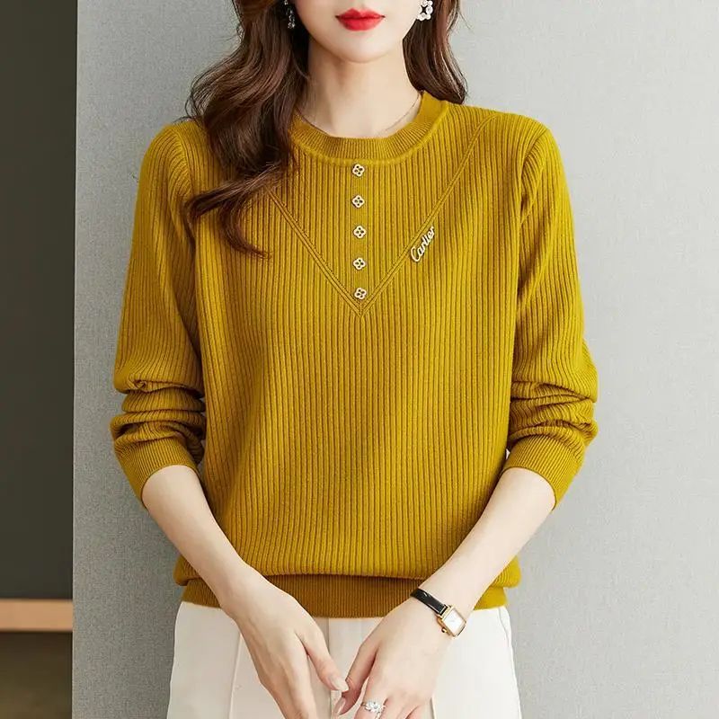 Office Lady Women's Clothing Solid Color Long Sleeve Rivet Round Neck Pullover Sweater Knitted Elegant Autumn Winter Tops