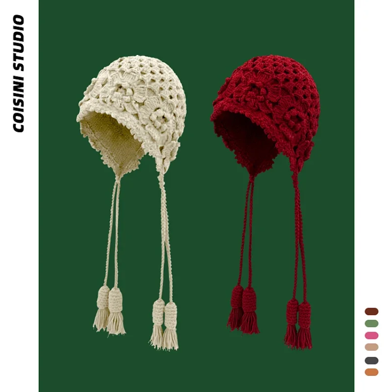New Handmade Crochet Flower Pullover Beanies for Women Autumn and Winter Casual Versatile Sweet Fringed Braided Knitted Hat