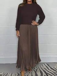 O Neck Casual Knit Party Dress, Women Autumn Winter Patchwork Fashion Maxi Dress, Long Sleeve Simple Chic Ladies Dress Vestidos