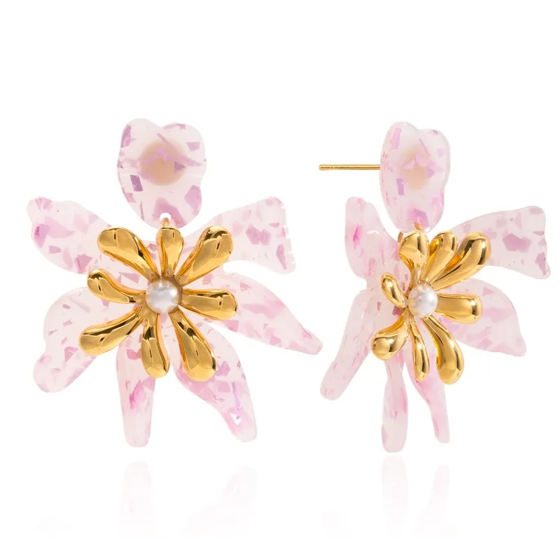 

Minar Sweet Pink Color Printed Acrylic Large Flower Dangle Earrings for Women Tarnish Free 18K Gold PVD Plated Stainless Steel