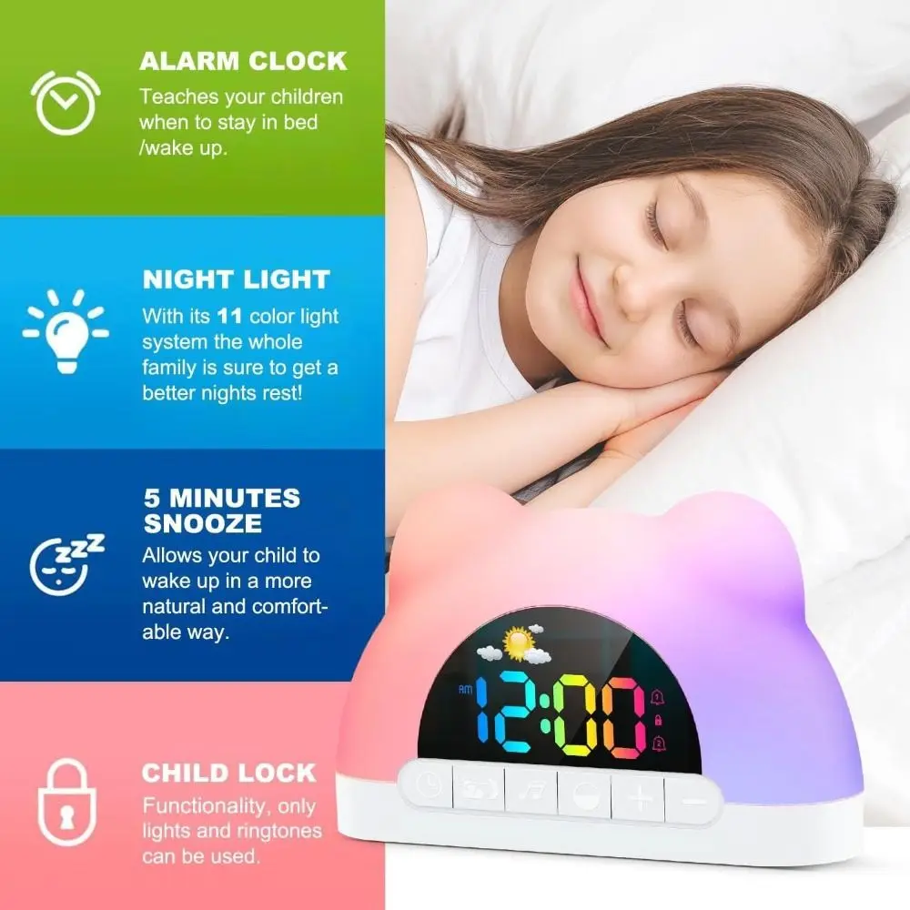 Digital Display Kids Alarm Clock 11 Color Night Light Child Lock Digital Alarm Clock 10 Ringtones Sleep Training Clock Nursery