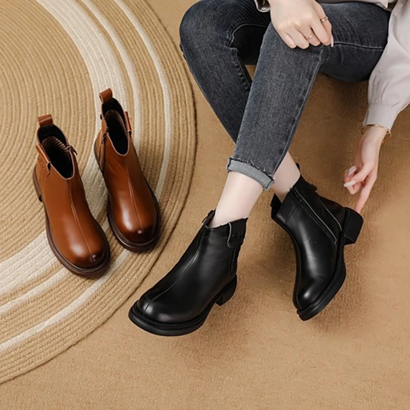 Winter Women Leather Boots With Cotton Short Boots Boots Leather Shoes First Layer Cowhide Side Zipper Boots