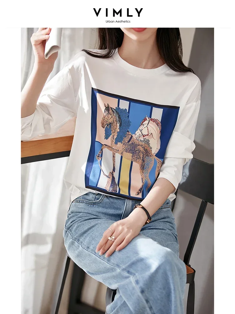 Vimly White Graphic T shirts for Women 2023 Fall Korean Fashion 69.9% Cotton Long Sleeve Tops Women\'s Autumn Printing Tee Shirts