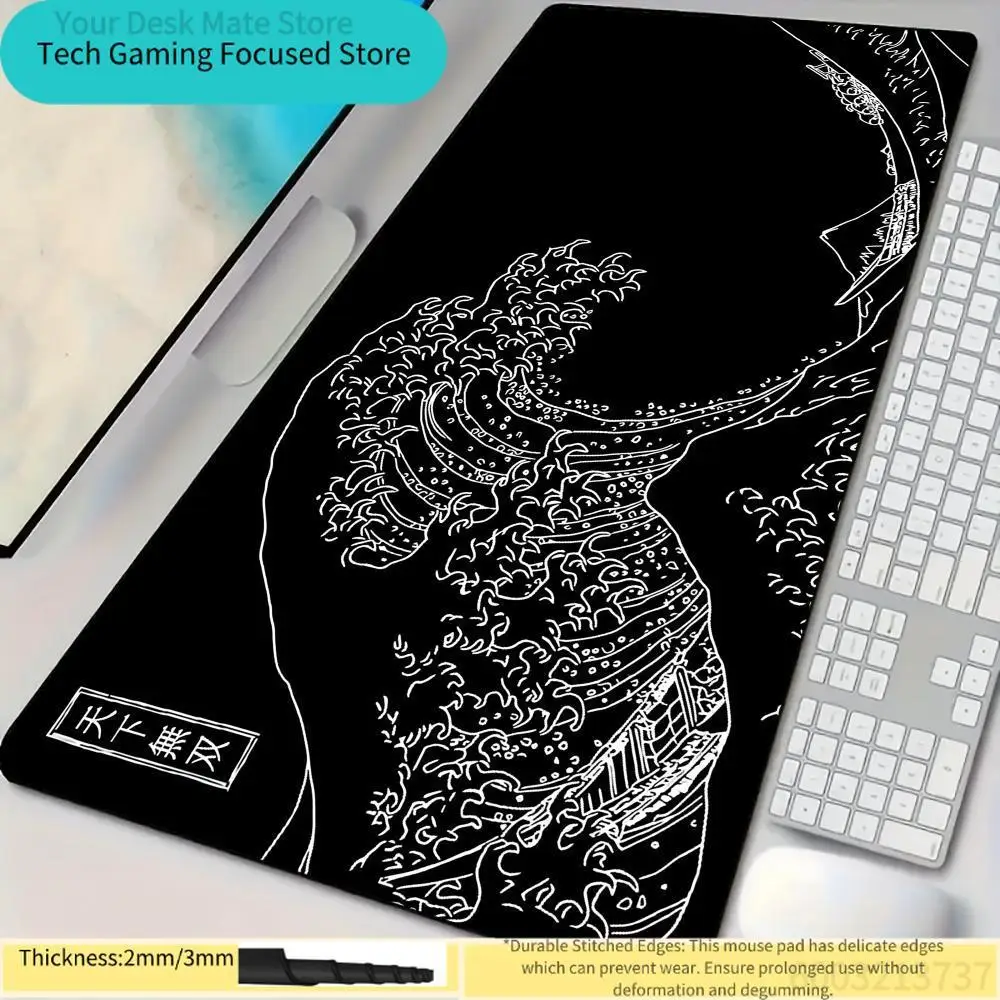 

1Pcs Black Great Wave Off Kanagawa Line Art Print Stitched Edges Large Non-Slip Gaming Mouse Pad Desk Mat