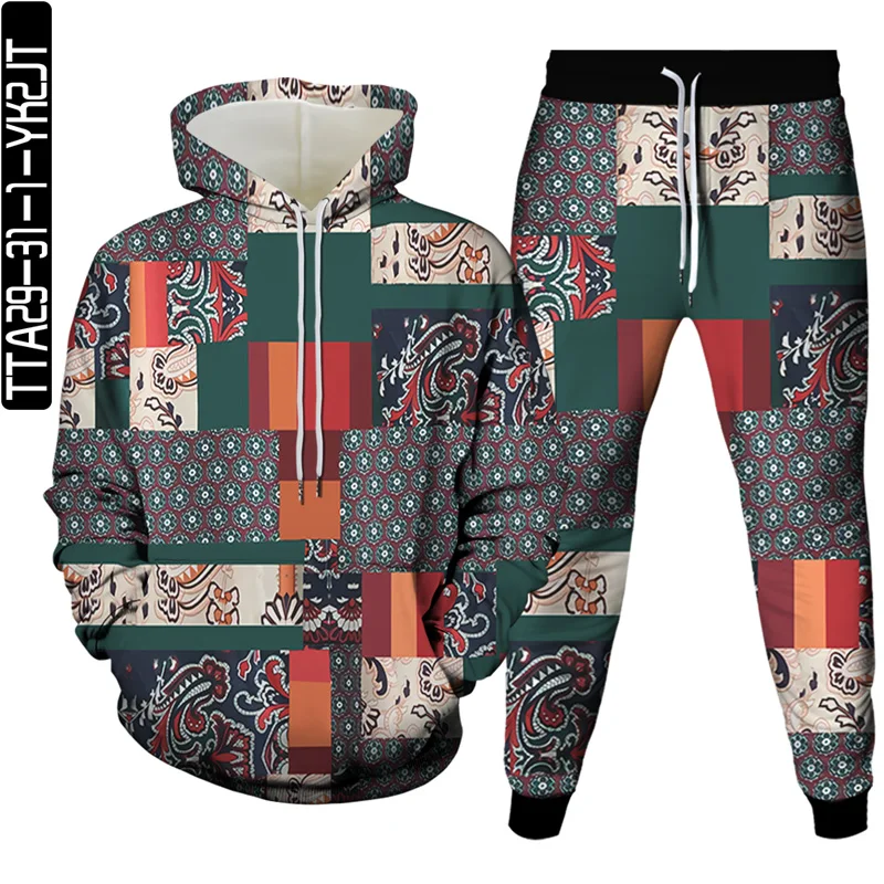 Geometric Pattern Splicing Paisley Graphic Men Women Tracksuit Hoodies Jogging Pants 2Pcs Sets Couple Clothes Plus Size S-6XL