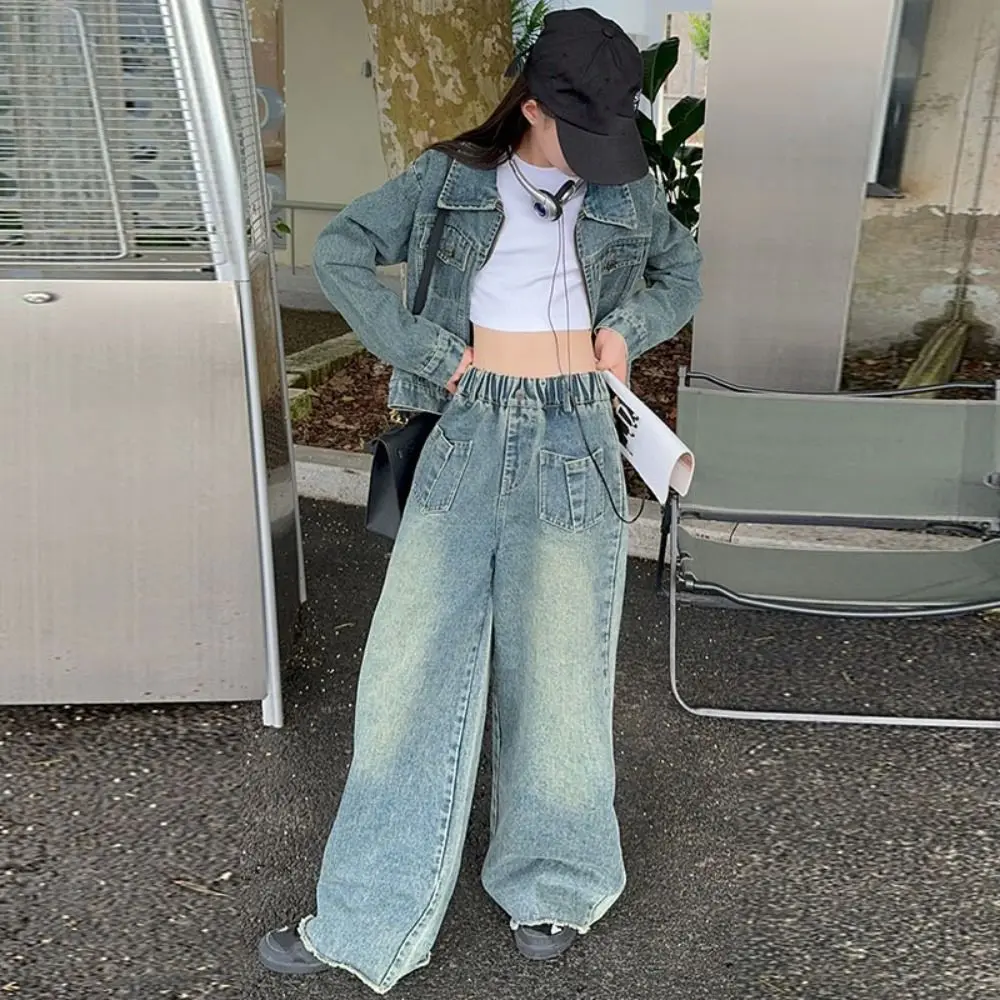 

Outfits Y2K Children Cowboy Set Wide Leg Pants Teens Jeans Jacket Suit Loose Retro Girls Clothes Set Kids