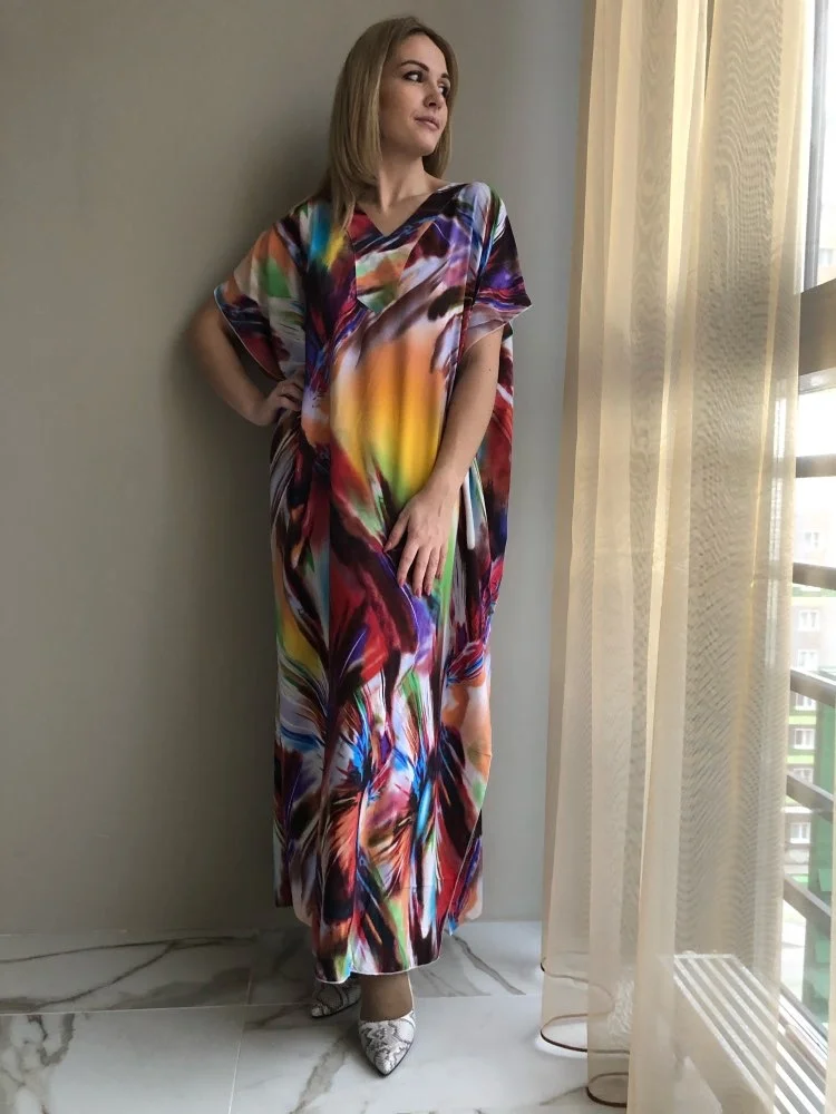 2023 Quick-drying Bohemian Printed Cape Sleeve Loose Summer Beach Dress Long Tunic Women Beachwear Long Robe de plage Q831