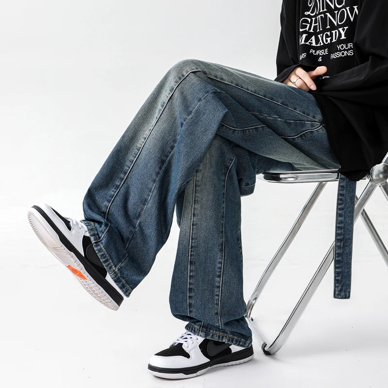 

Men's waistband design jeans American fashion straight leg casual pants loose plus size fashionable new jeans
