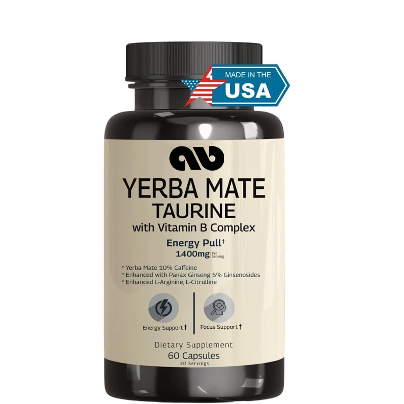 Yerba Mate, Taurine capsules - caffeine and energy supplements, vitamin B complex, L-arginine -60 capsules