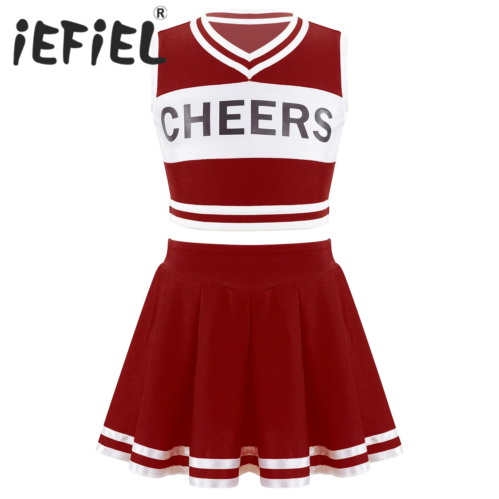 

Kids Girls Cheerleading Costume Uniform Outfits Sleeveless Cheers Printed Crop Top with Pleated Skirt Set for Dance Performance