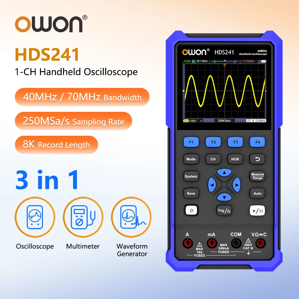 OWON HDS241 HDS271 3-in-1 Handoszilloskop DMM Multimeter AWG Signalgenerator 40MHz/70MHz 250MSa/s Tragbares Testinstrument