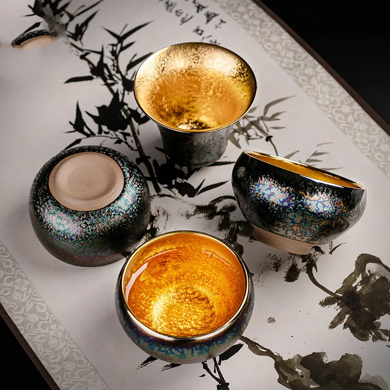 |becomes Tianmu Jianzhan single cup pure gold gilded high-grade master cup gift box for personal tea cups and tea bowls