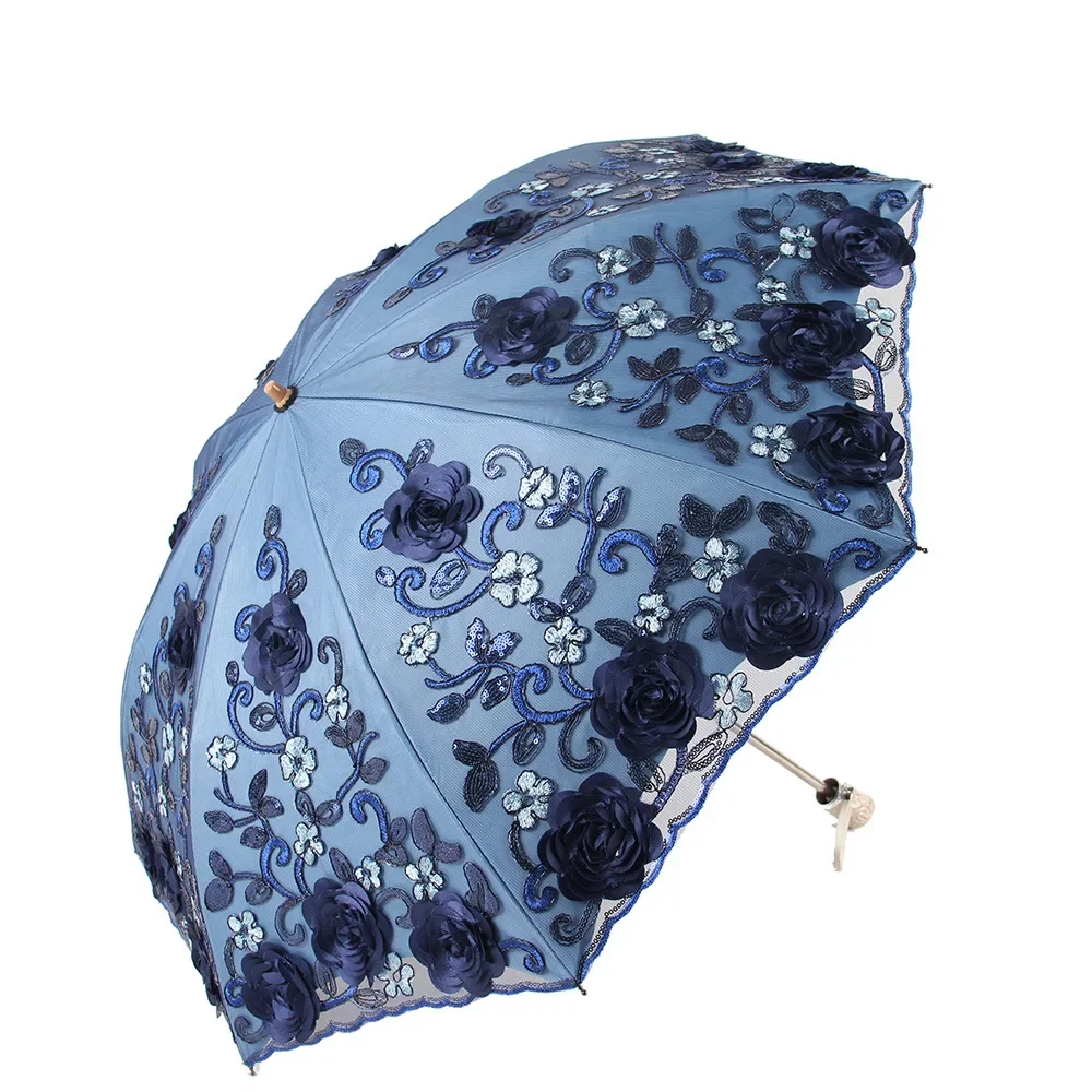 Double Layer Lace Embroidered Two-Fold Umbrella, Anti-UV Windproof Sunscreen Parasol Women Rain & Sun Dual Use Umbrella