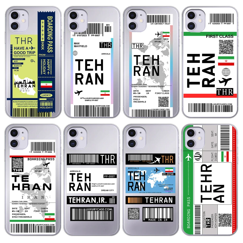 Iran Tehran Map Flag Plane Travel Fly Ticket Cover Case for iPhone 15 14 Pro Max 13 12 11 Mini X XS XR 7 8 6S Plus SE